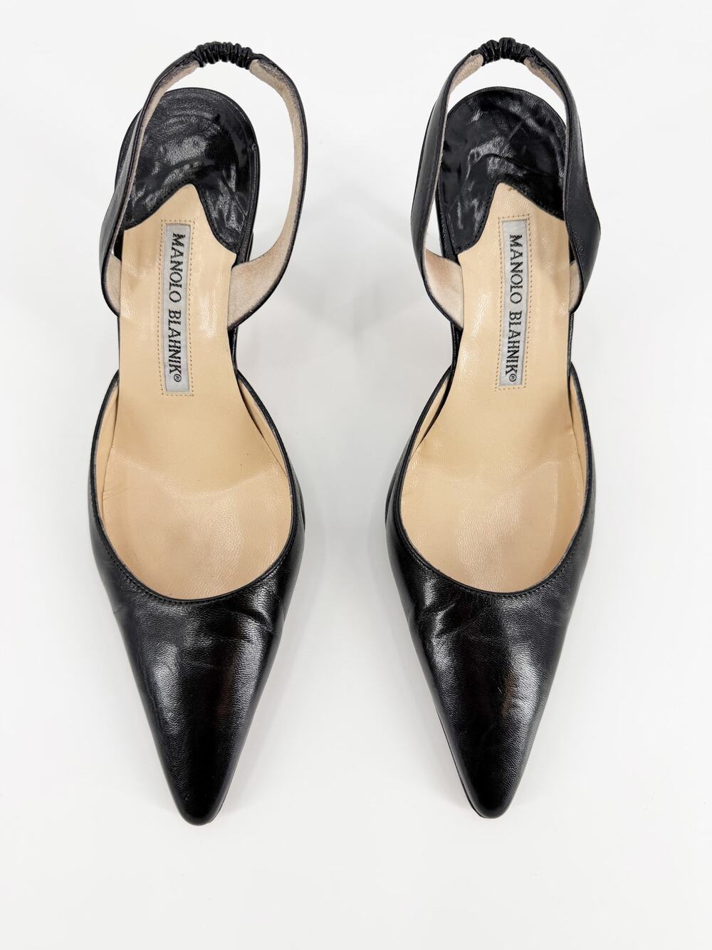 Manolo Blahnik Carolyne Black Leather Pointed Slingback Pumps Heel 36.5 EU 6.5